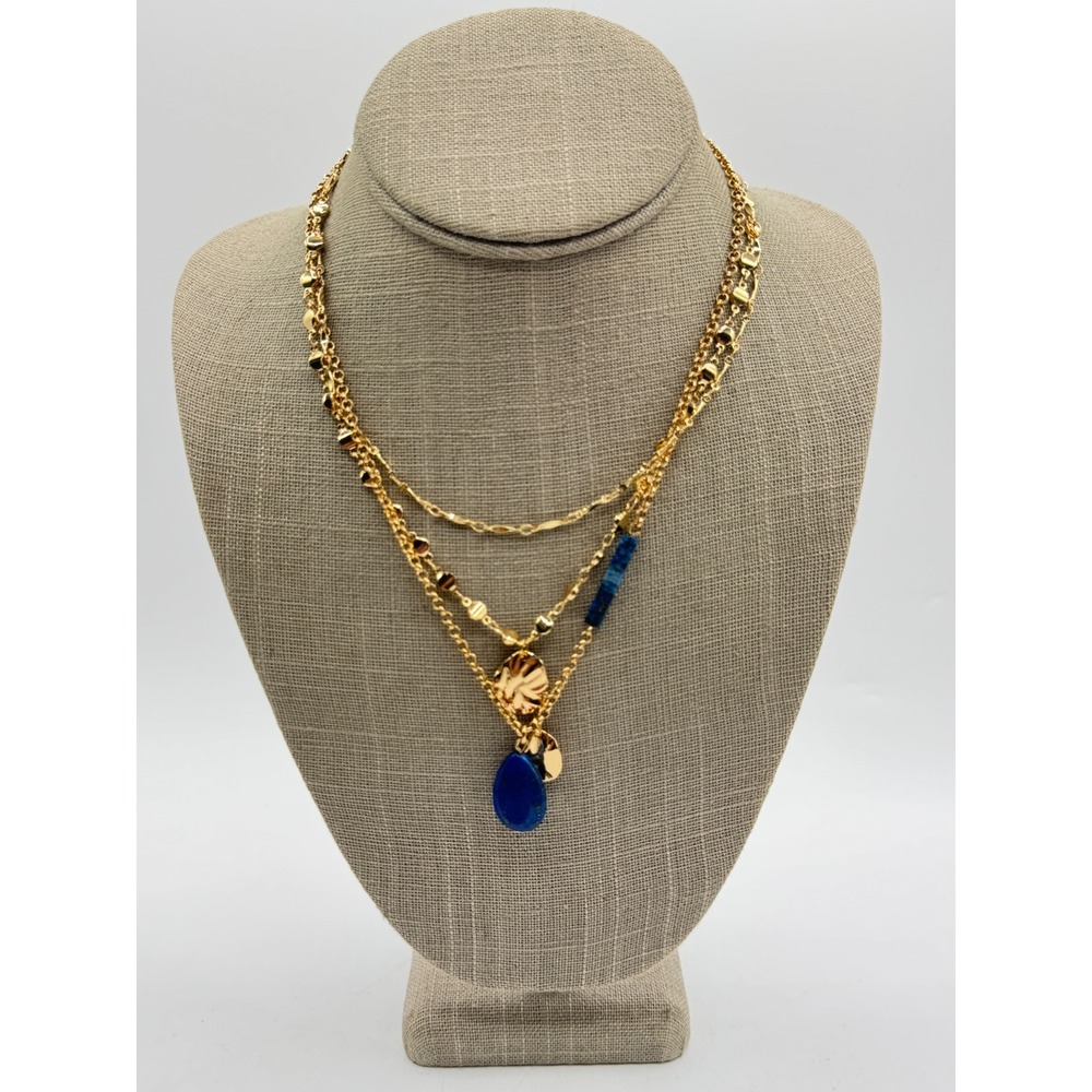 Gold Tone Layered Multi Strand Necklace Blue Lapis Teardrop Pendant Boho